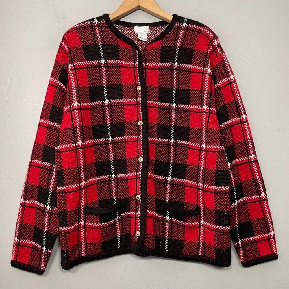 Boxy Red Plaid Sweater Knit Sz Large Cardigan Gold Buttons Preppy Twee Academia